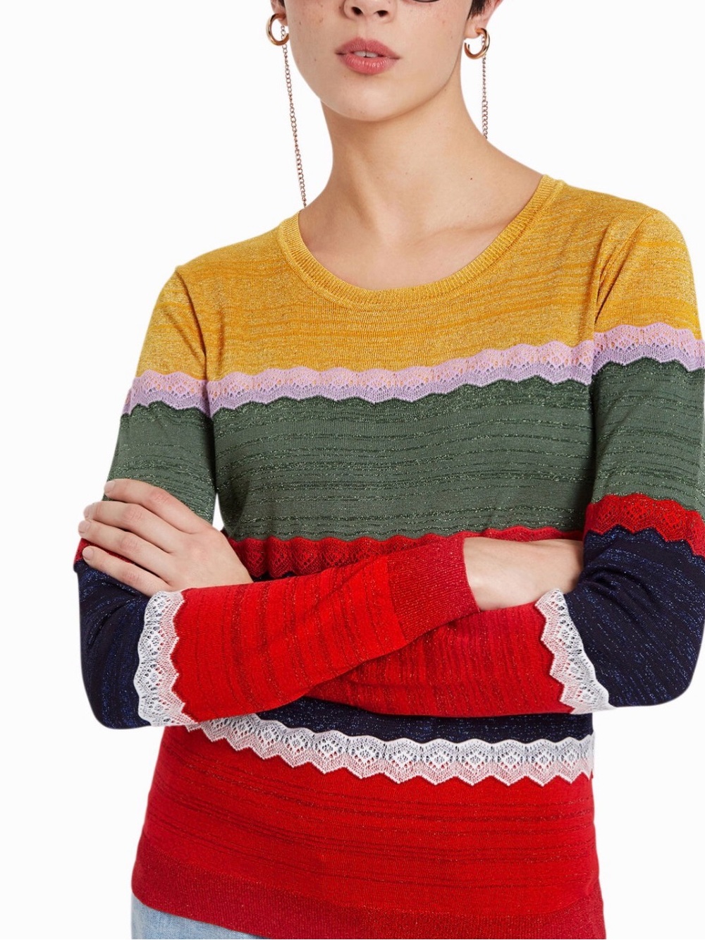 Desigual Multicolor Lace-Trim Striped Crewneck Sweater
